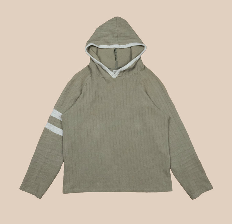Captain's Pullover Hoodie in Sicilian Moss with striped armbands, front