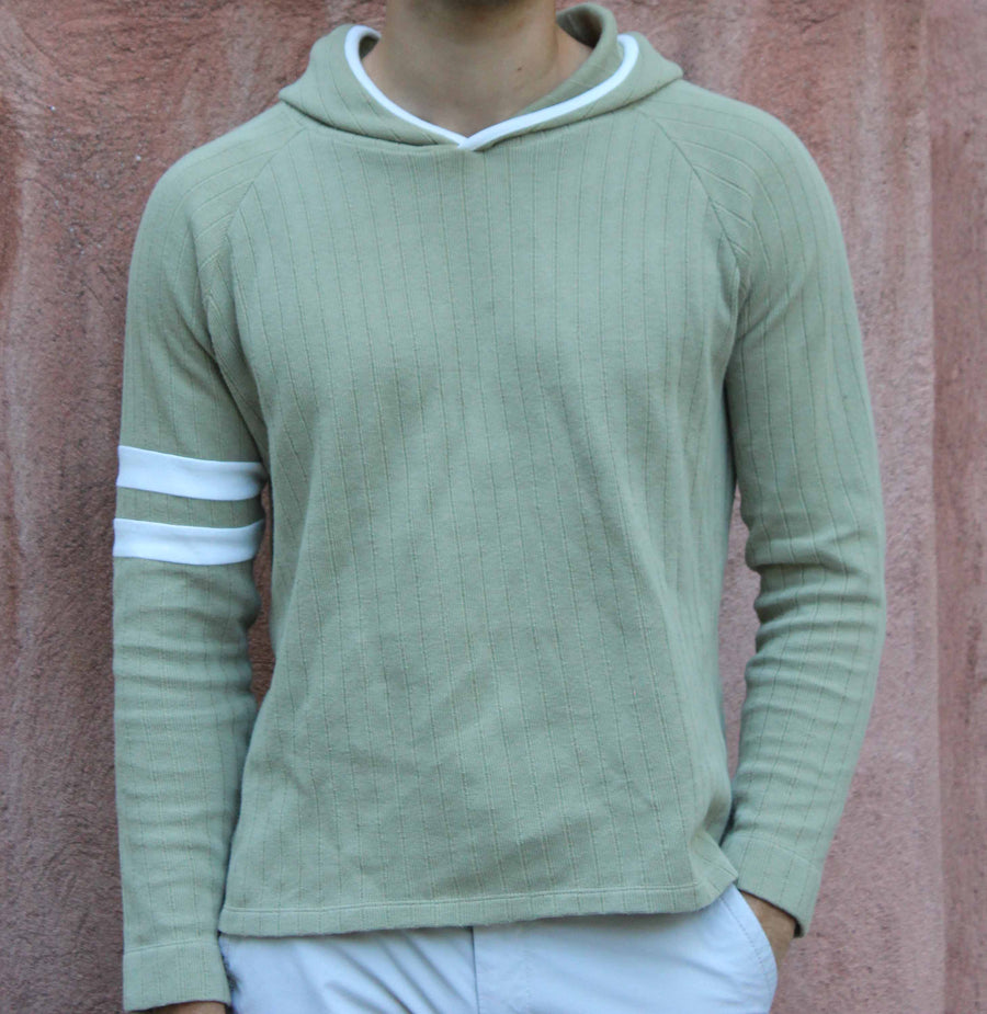 Captain's Pullover Hoodie in Sicilian Moss on body, showing the striped armbands and lined hood